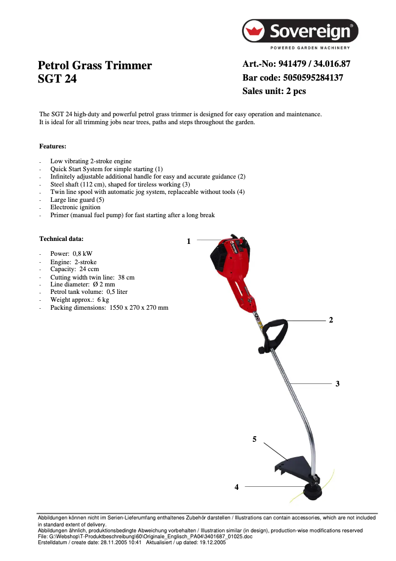 Page 1 de la notice Fiche technique Sovereign SGT 24