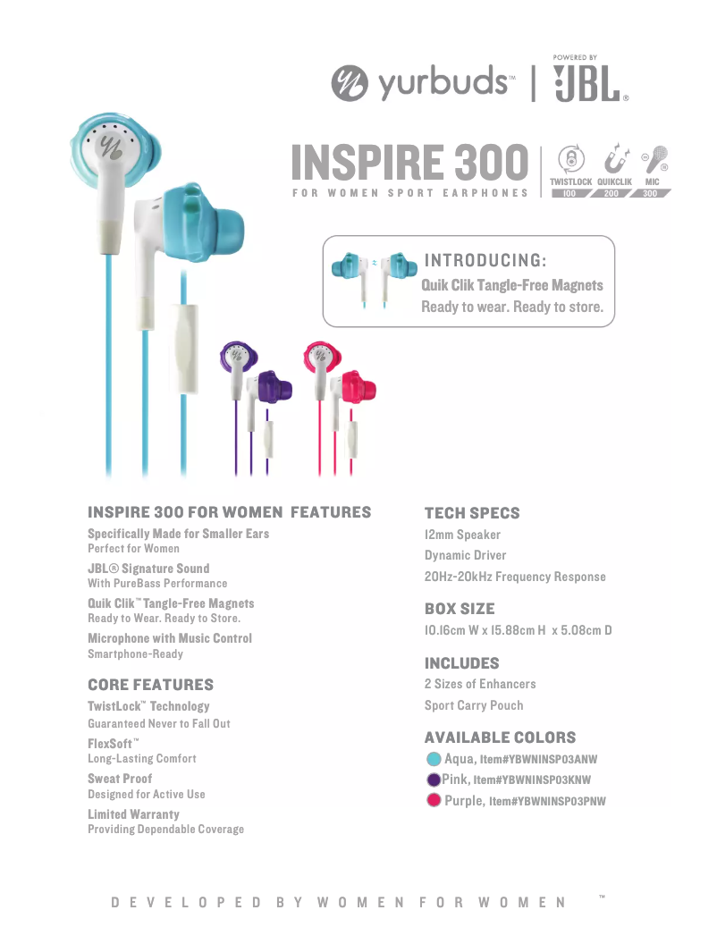 Page 1 de la notice Fiche technique Yurbuds Inspire 300