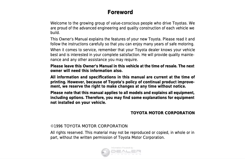 Page 1 de la notice Manuel utilisateur Toyota Camry (1996)