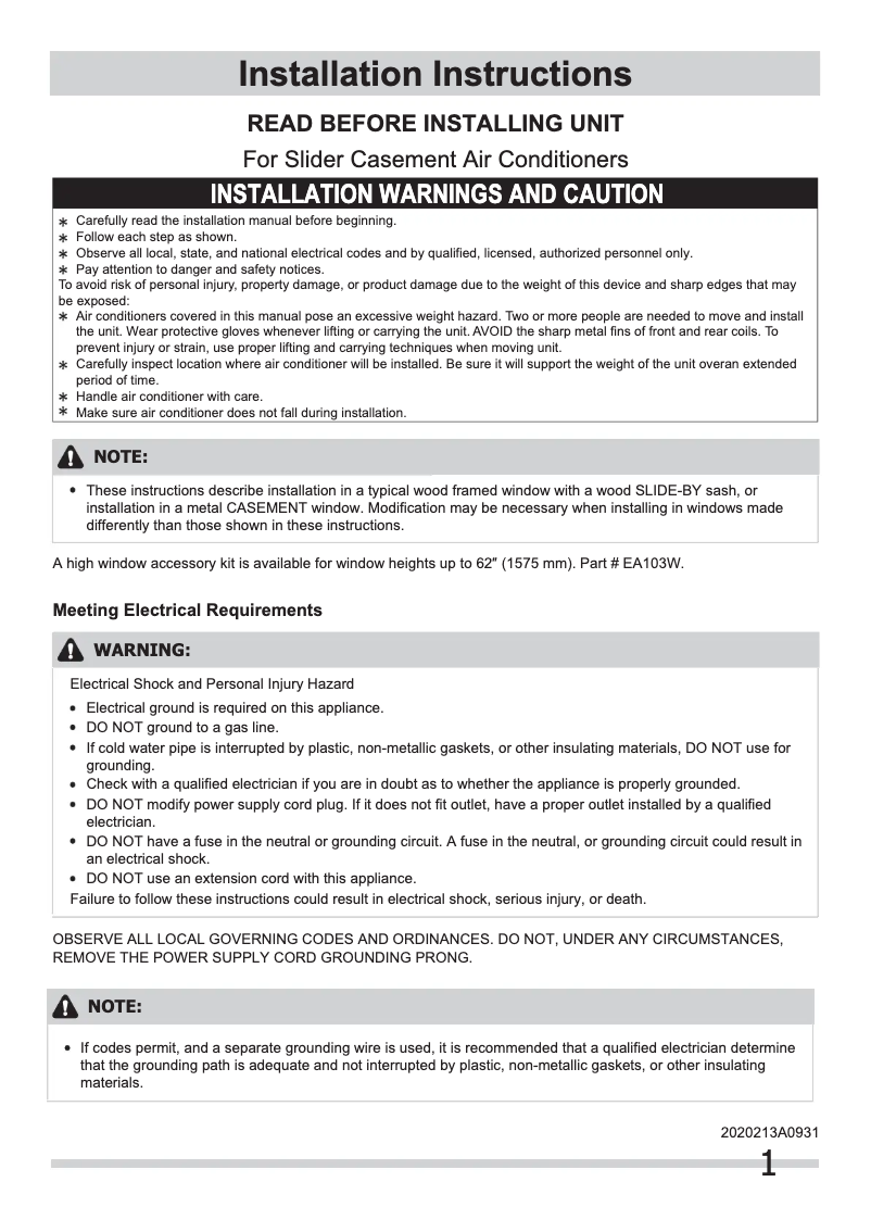 Page n°1 - Guide d'installation Frigidaire CRA084KT7
