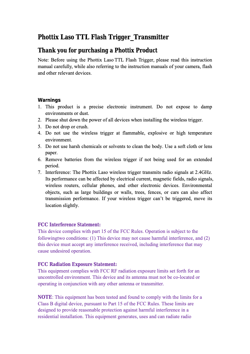 Page 1 de la notice Manuel utilisateur Phottix Laso
