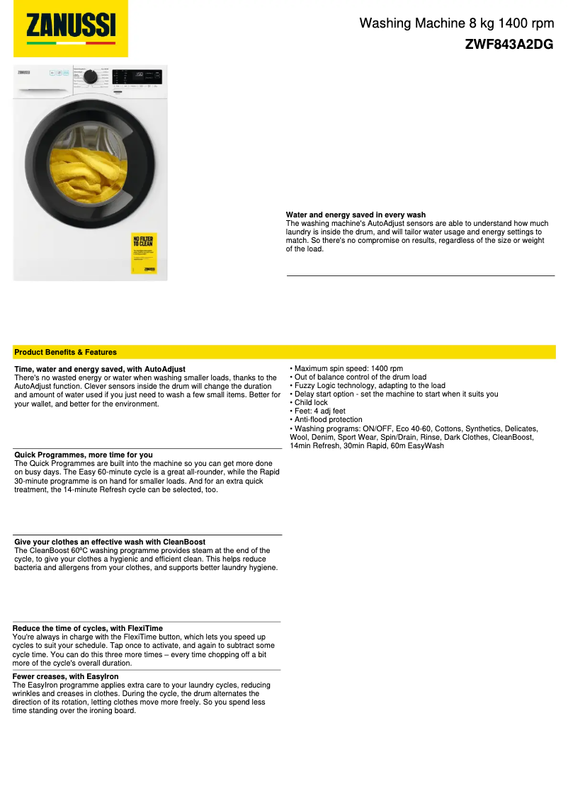 Image de la première page du manuel de l'appareil ZWF843A2DG