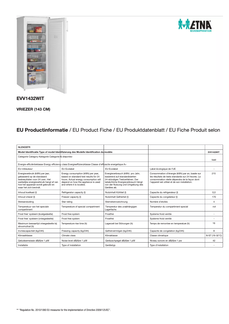 Page 1 de la notice Fiche technique Etna EVV1432WIT