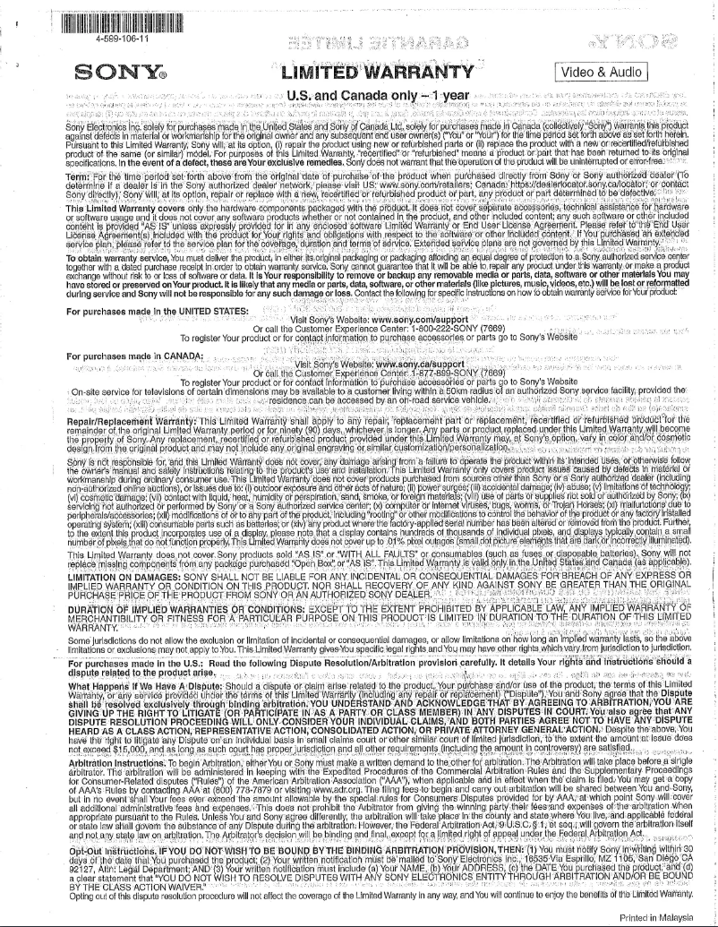 Page n°1 - Informations de garantie Sony SA-SW3