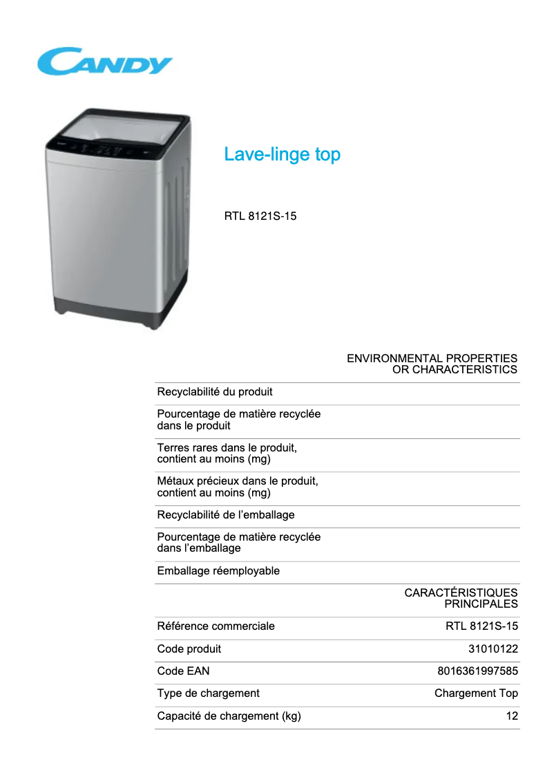 Page 1 de la notice Fiche technique Candy RTL 8121S-15