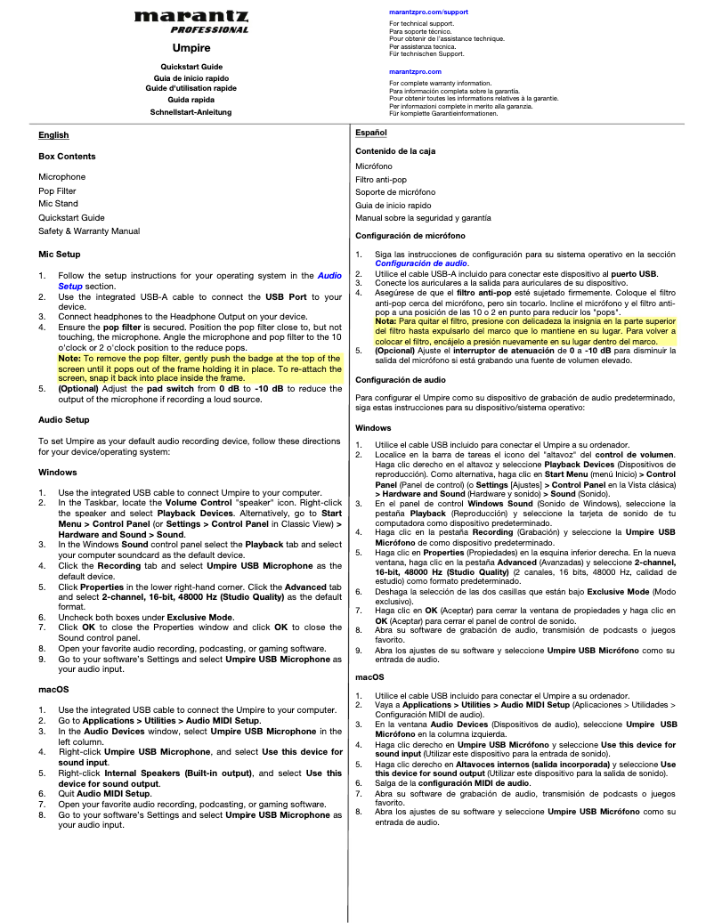 Page n°1 - Guide de démarrage rapide Marantz Umpire
