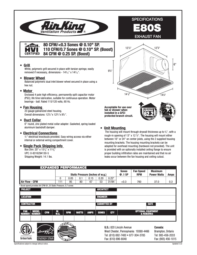 Page n°1 - Fiche technique Air King E80S