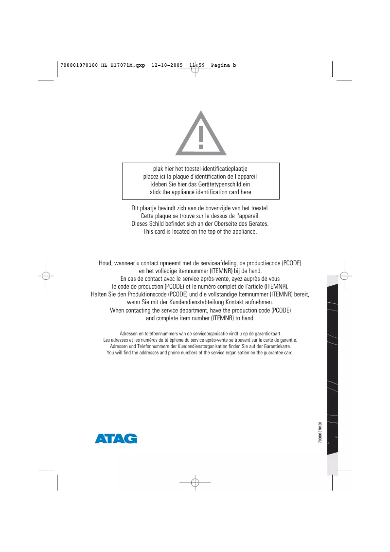 Page 1 de la notice Manuel utilisateur Atag HI7071M