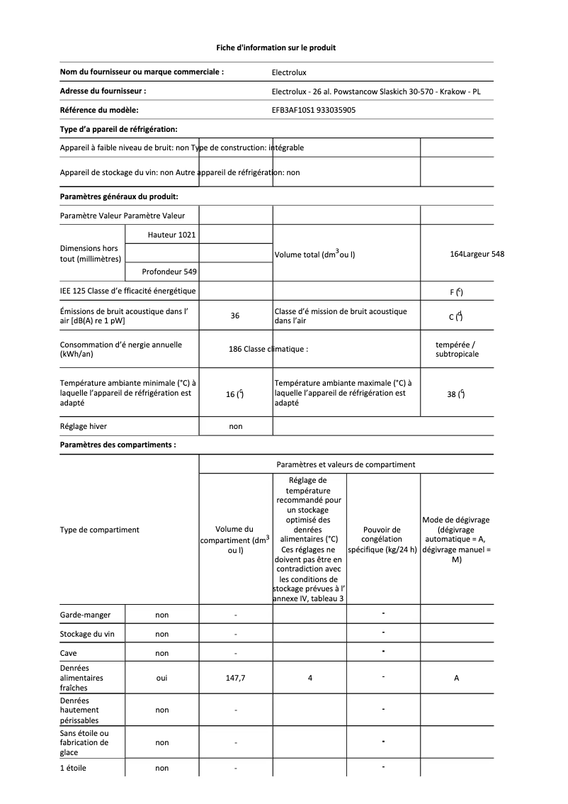 Page 1 de la notice Fiche technique Electrolux EFB3AF10S1