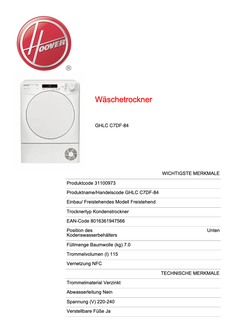 Page 1 de la notice Fiche technique Hoover HL 1492D3/1-S