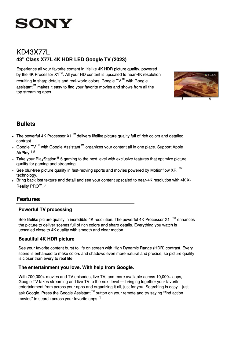 Page 1 de la notice Fiche technique Sony KD-55X77L