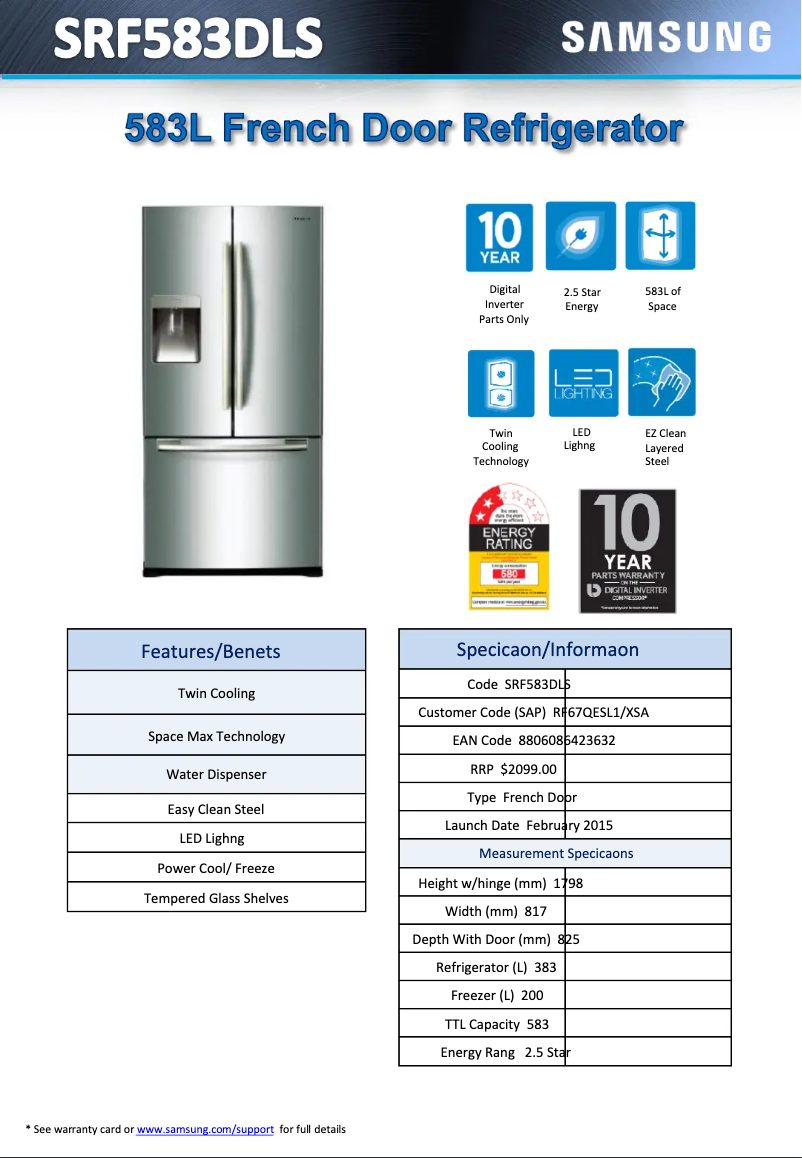 Page n°1 - Fiche technique Samsung SRF583DLS