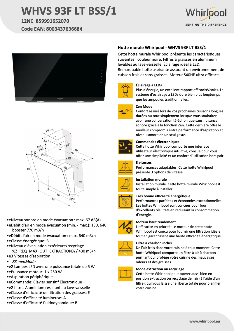 Page 1 de la notice Fiche technique Whirlpool WHVS 93F LT BSS/1