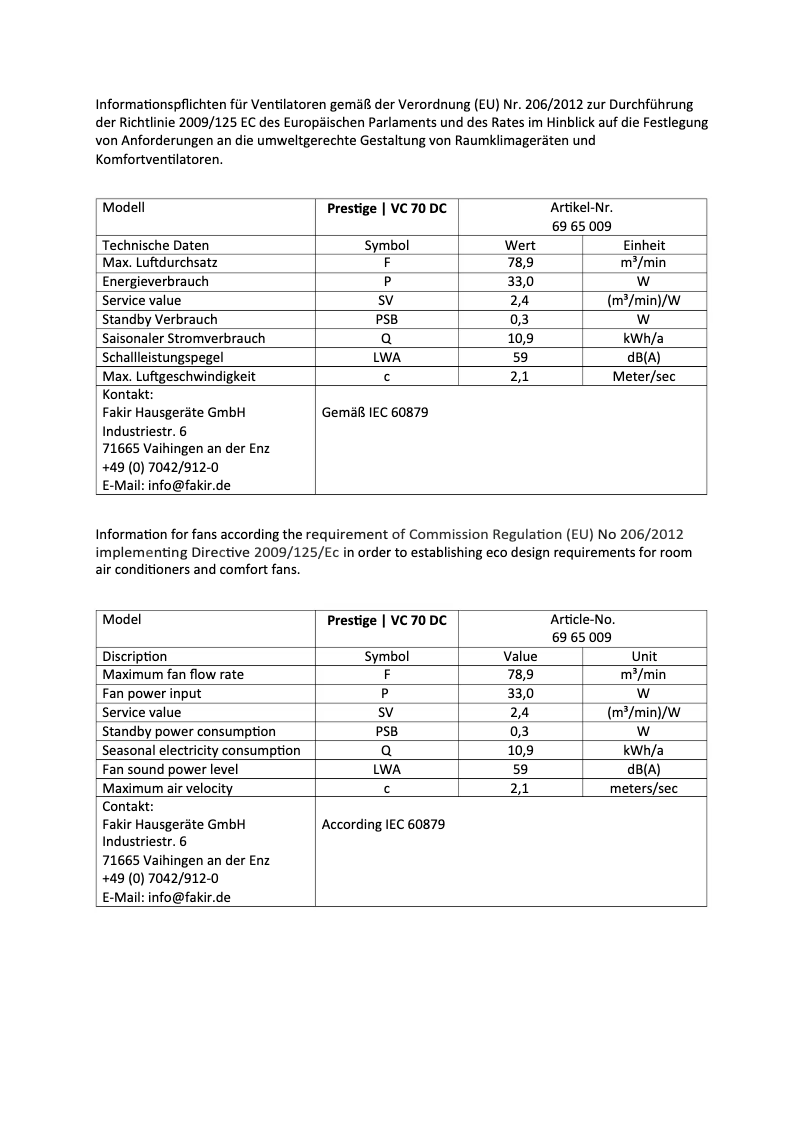 Page 1 de la notice Label énergétique Fakir premium VC 70 DC