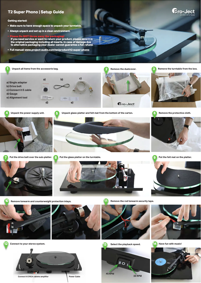 Page 1 de la notice Guide d'installation Pro-Ject T2 Super Phono