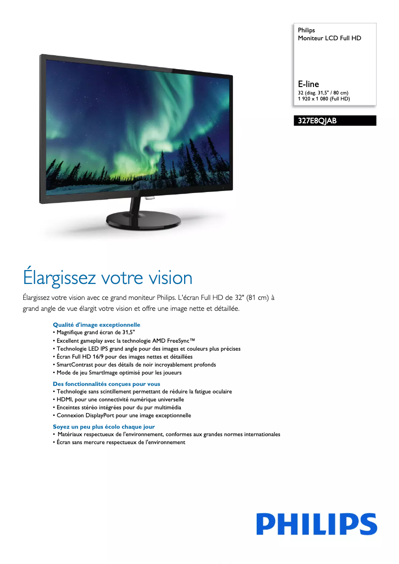 Page 1 de la notice Fiche technique Philips E Line 327E8QJAB