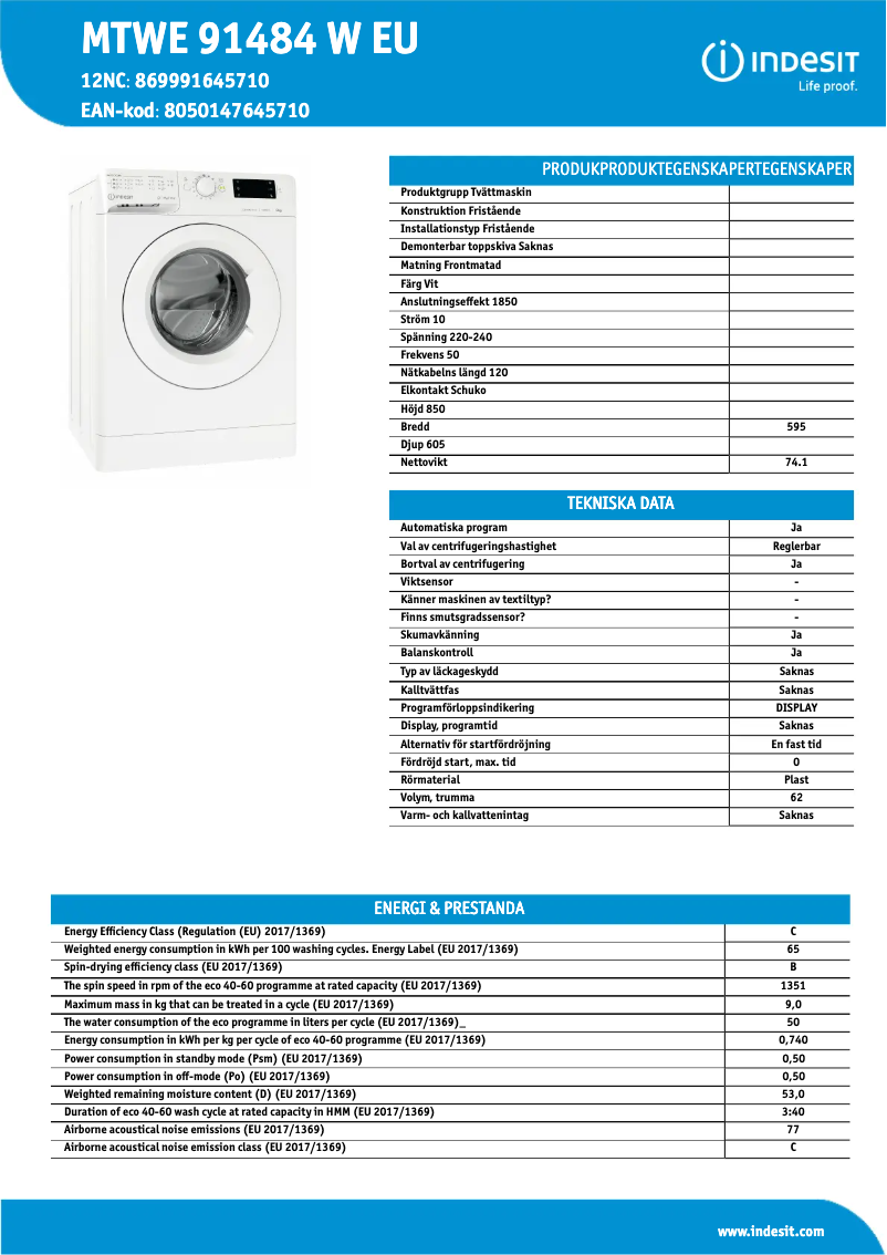Página 1 del manual Ficha técnica Indesit MTWE 91484 W EU