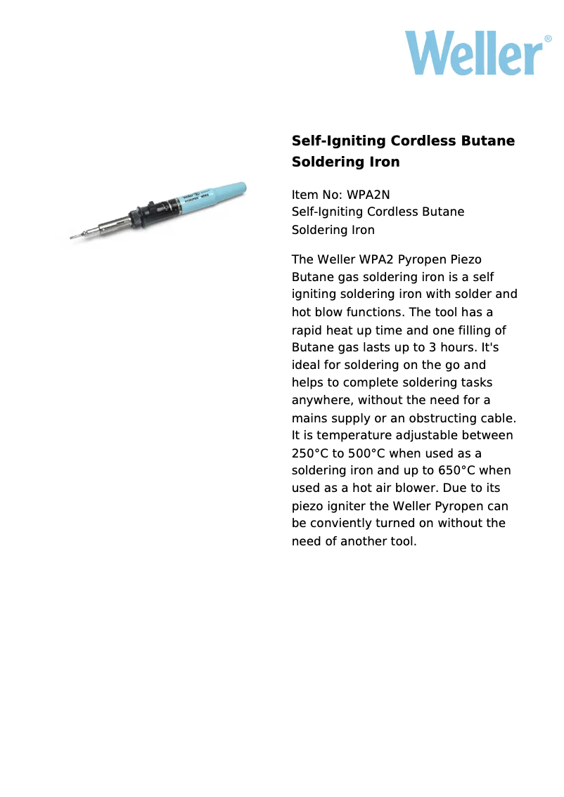 Page 1 de la notice Fiche technique Weller WPA2N