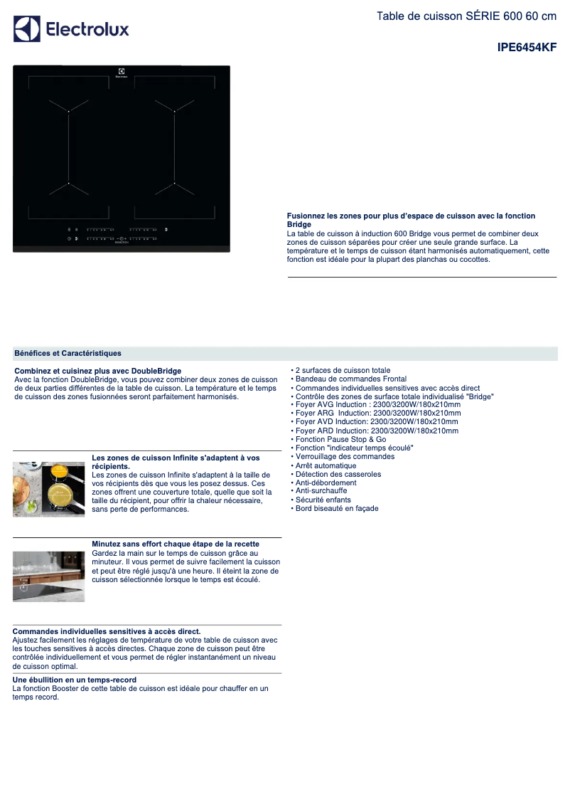 Page 1 de la notice Fiche technique Electrolux IPE6454KF