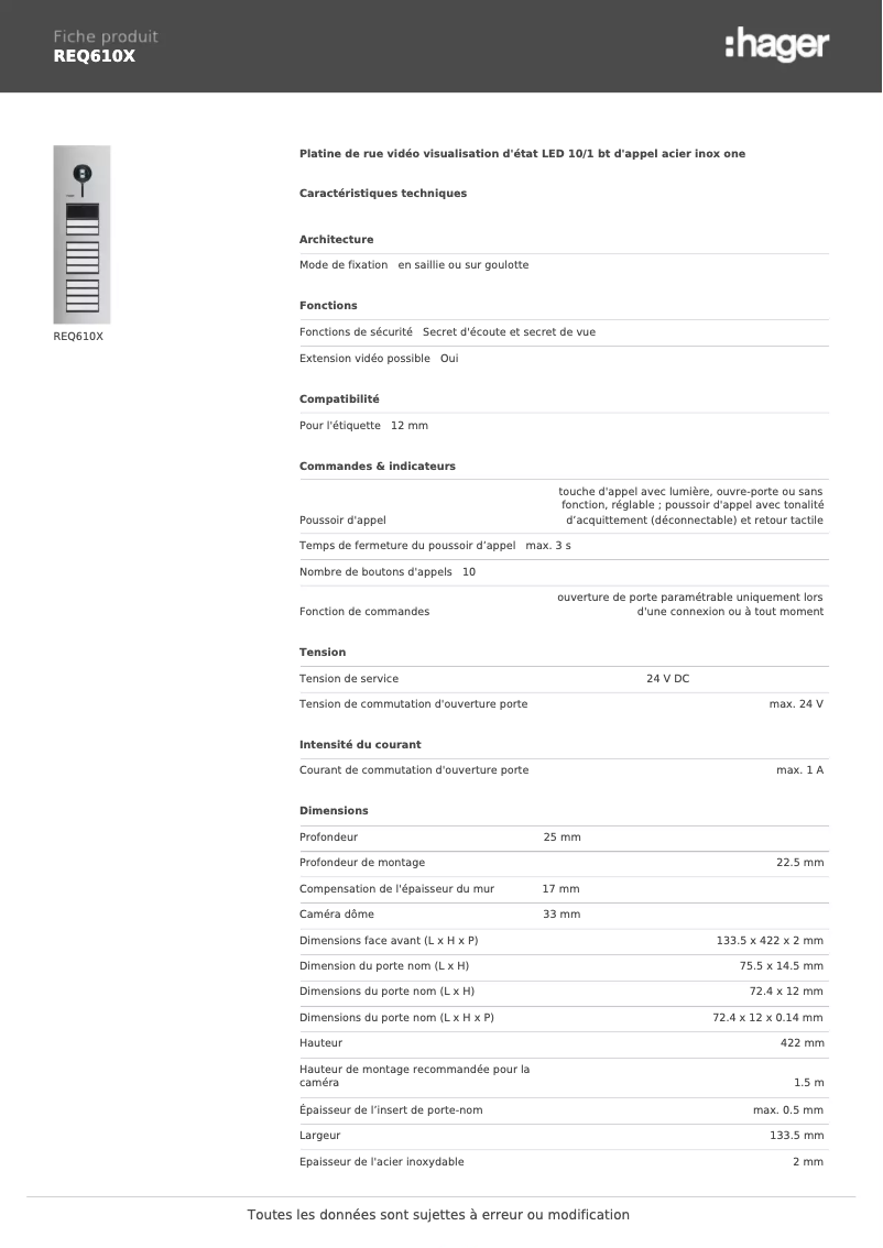 Page n°1 - Fiche technique Hager REQ610X