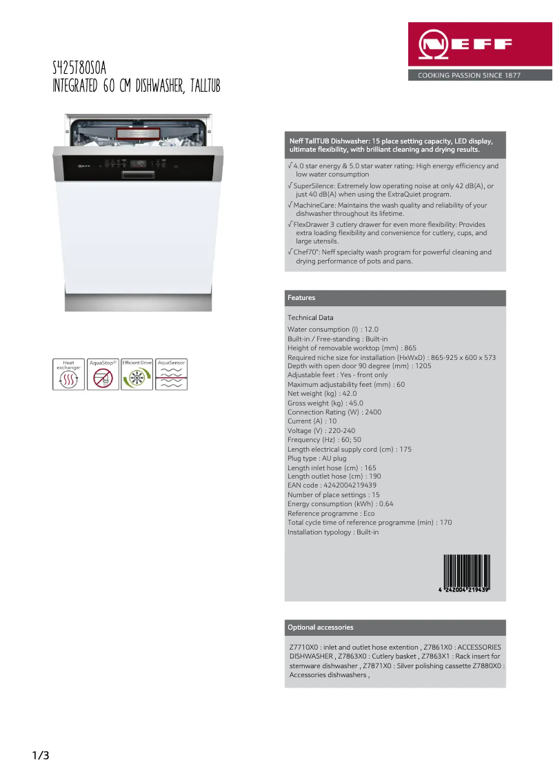 Page n°1 - Fiche technique Neff S425T80S0A