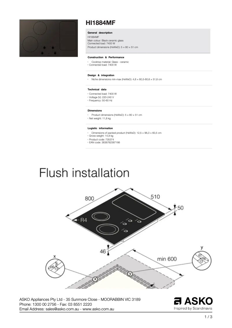 Page n°1 - Fiche technique Asko HI1884MF