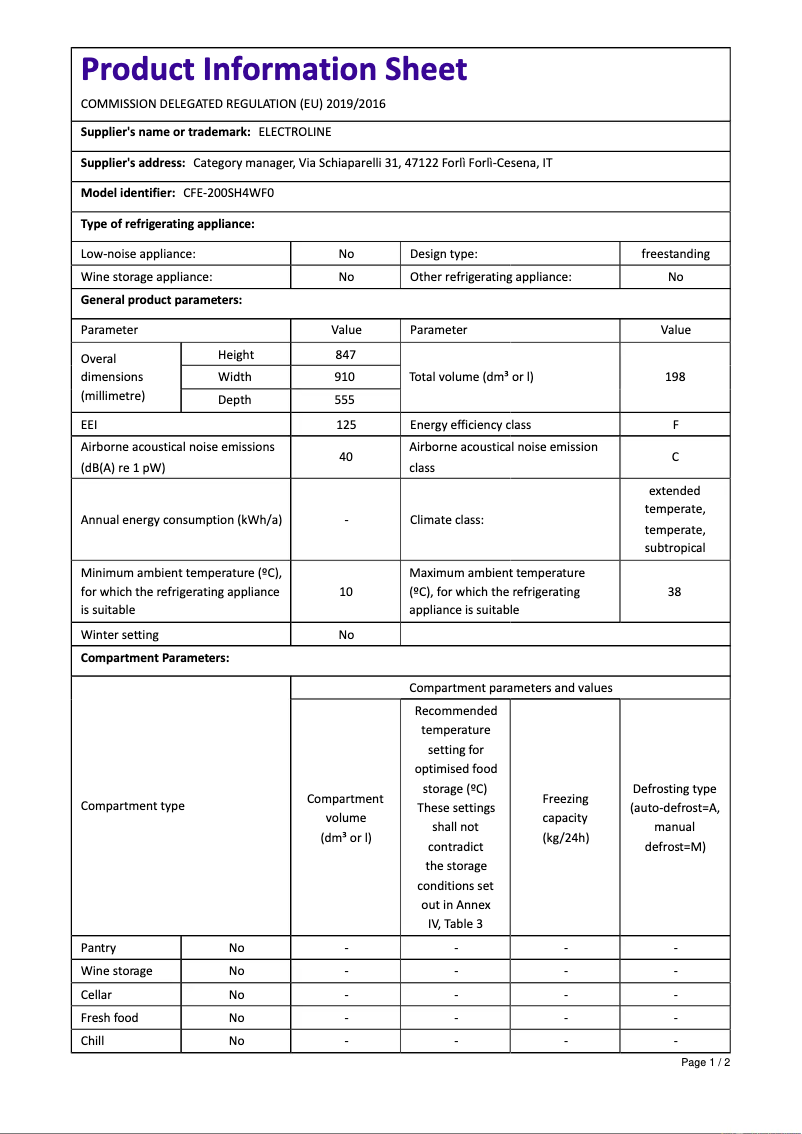 Page n°1 - Manuel utilisateur Electroline CFE-200SH4WF0