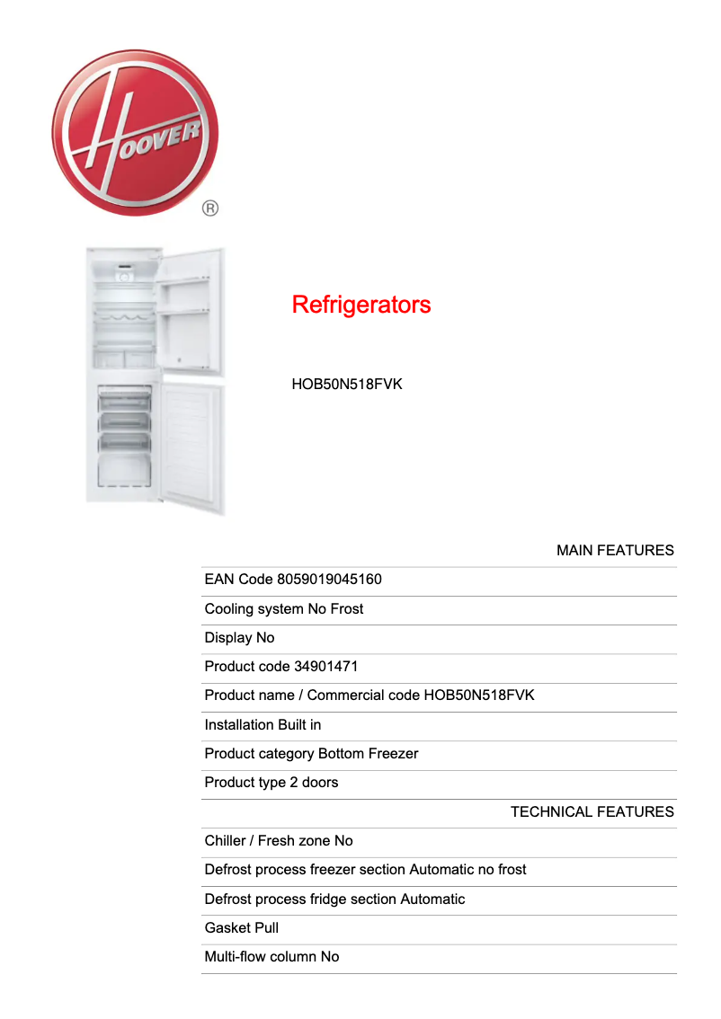 Page 1 de la notice Fiche technique Hoover HOB50N518FVK