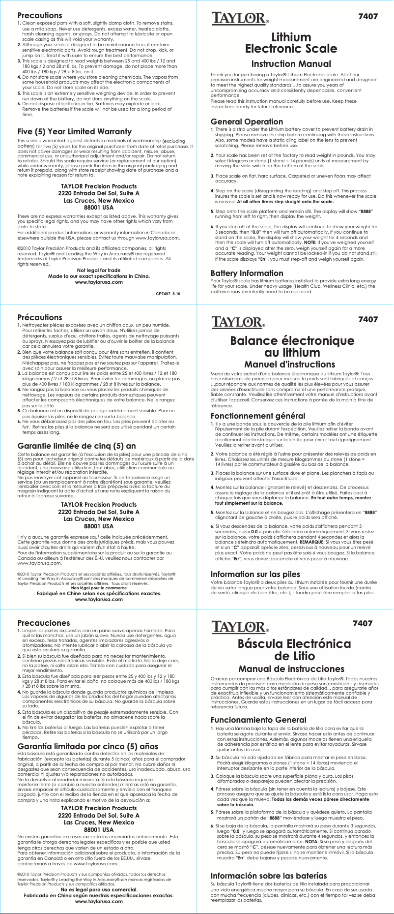 Page 1 de la notice Manuel utilisateur Taylor 7407