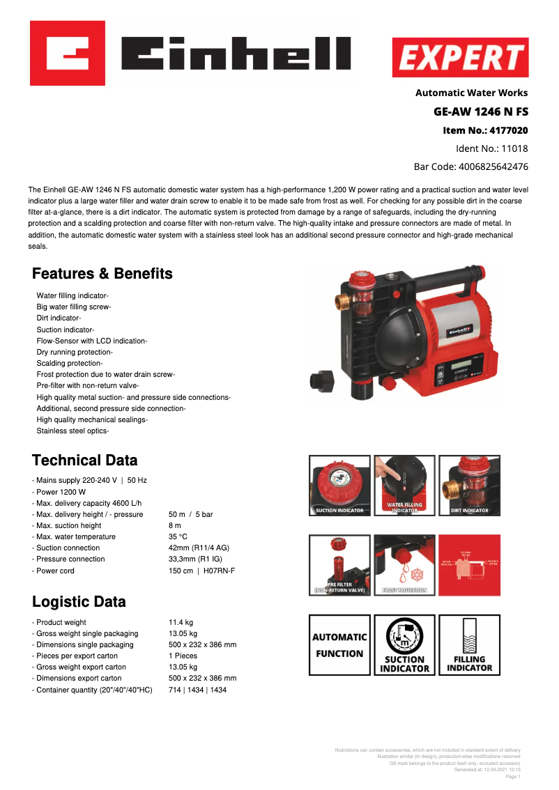 Page 1 de la notice Fiche technique Einhell GE-AW 1246 N FS