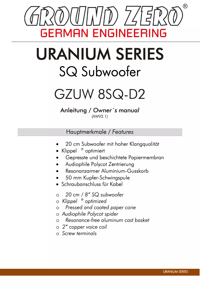 Page 1 of the manual User Manual Ground Zero GZUW 8SQ-D2