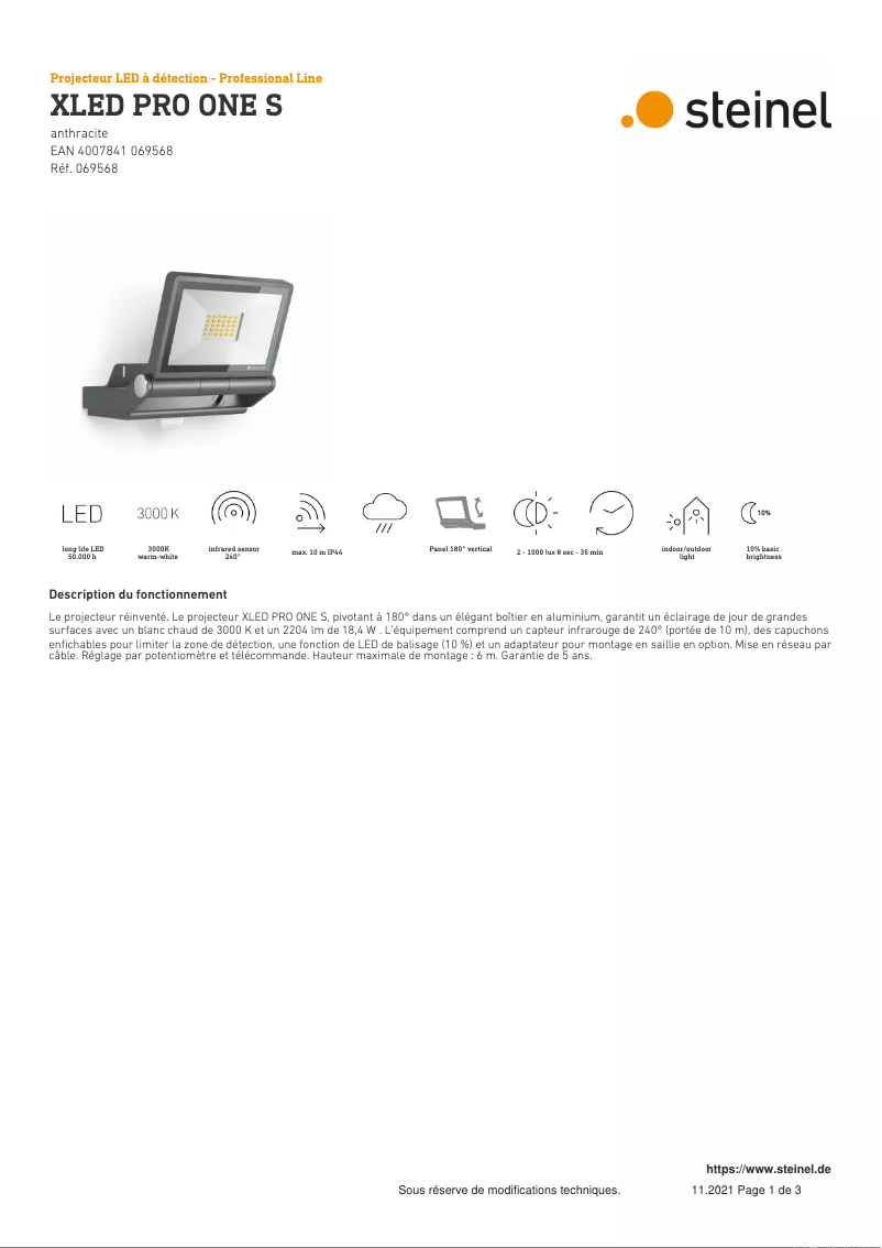 Page 1 de la notice Fiche technique Steinel XLED PRO ONE S
