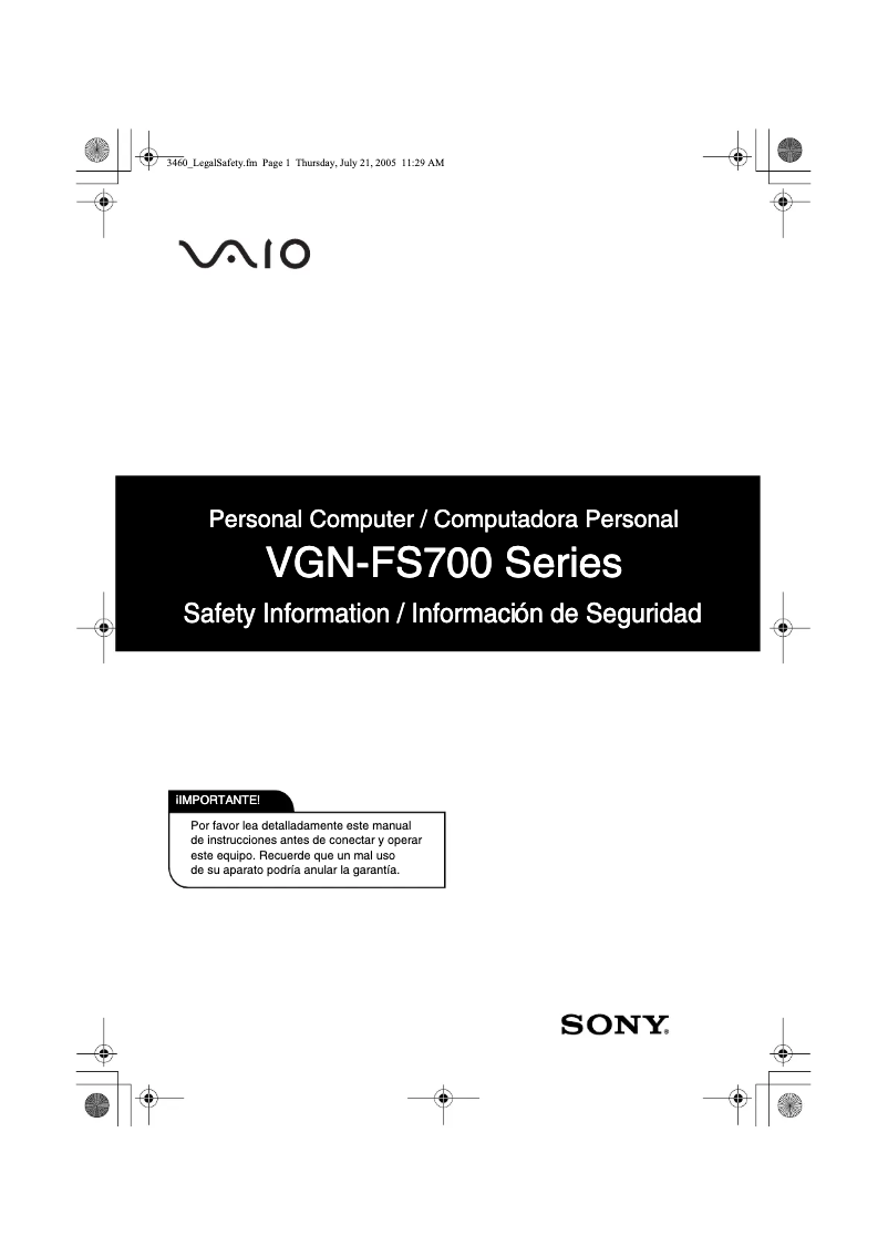 Page 1 de la notice Instructions de sécurité Sony Vaio VGN-FS790P