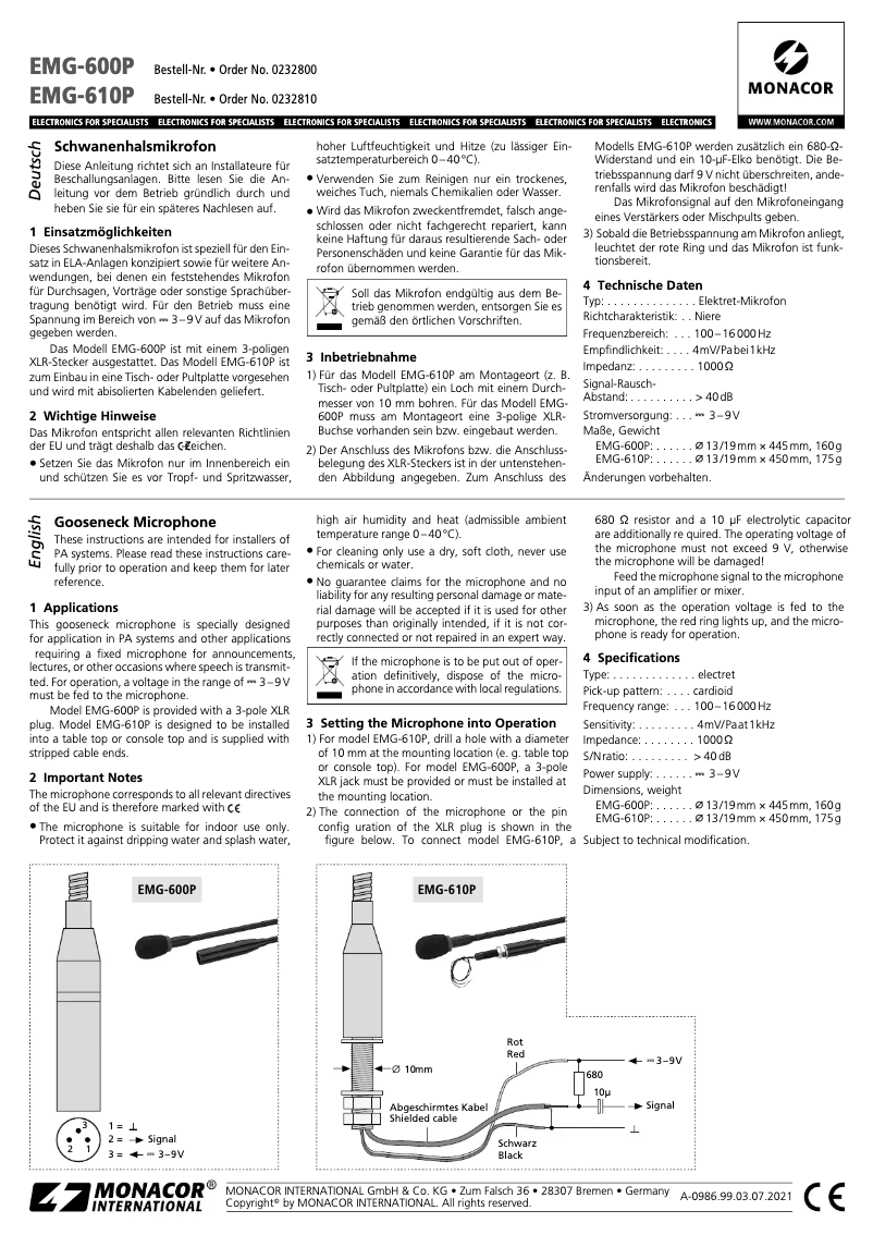Page n°1 - Manuel utilisateur Monacor EMG-600P