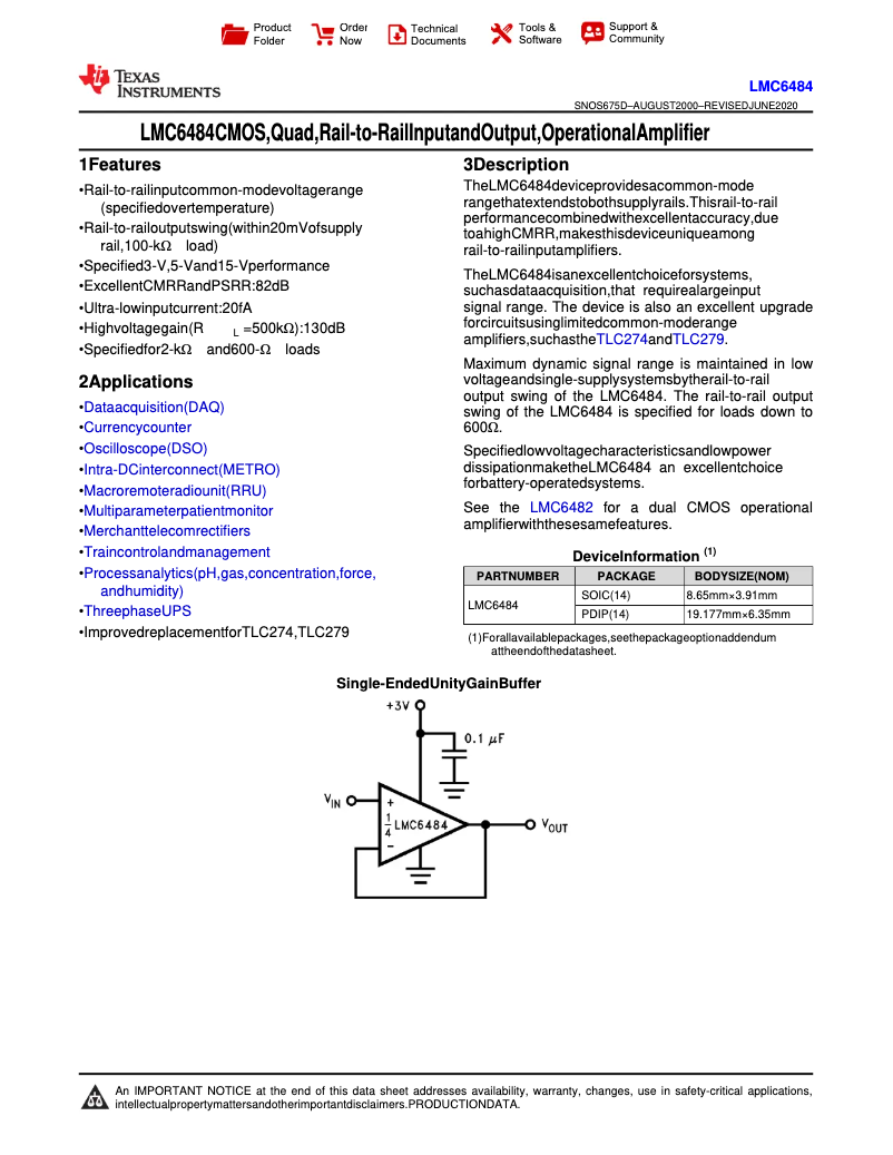 Page 1 de la notice Manuel utilisateur Texas Instruments LMC6484IM/NOPB