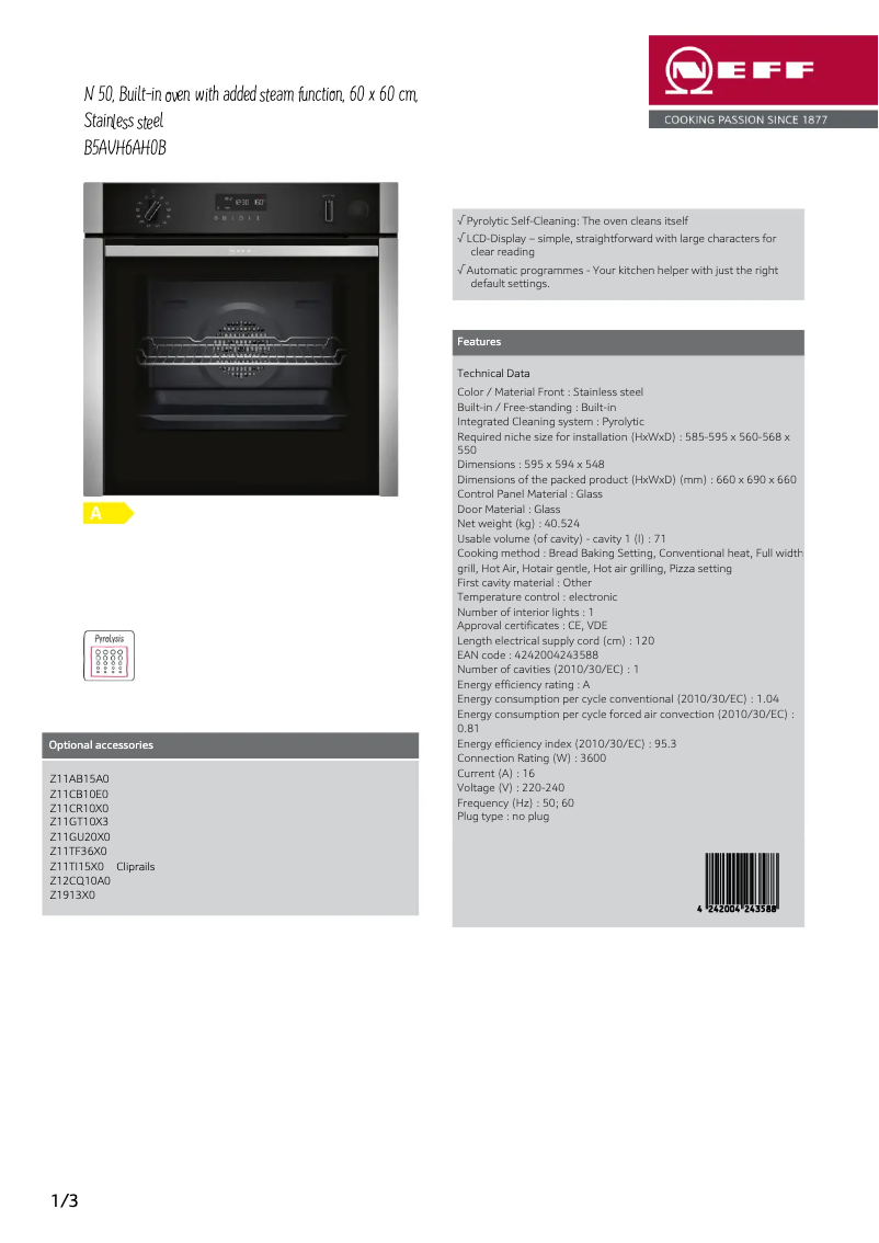 Page n°1 - Fiche technique Neff B5AVH6AH0B