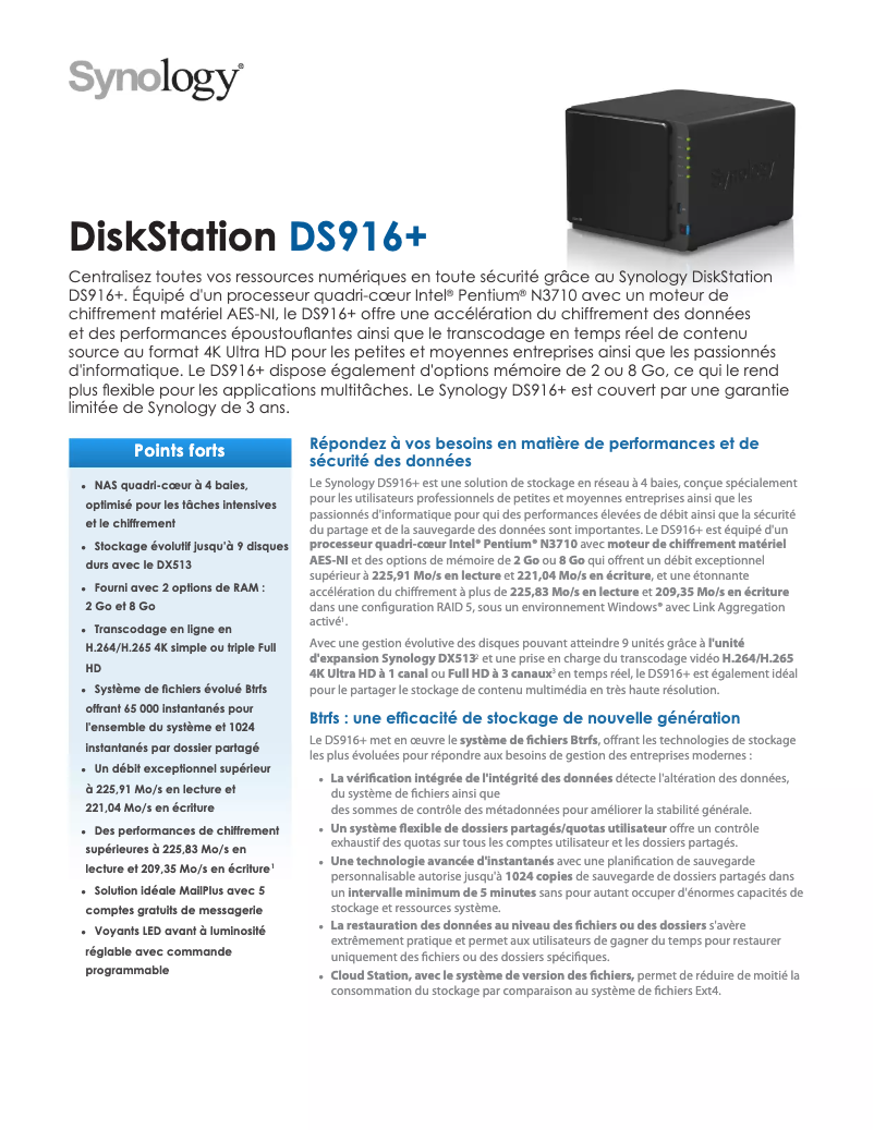 Page n°1 - Fiche technique Synology DiskStation DS916+