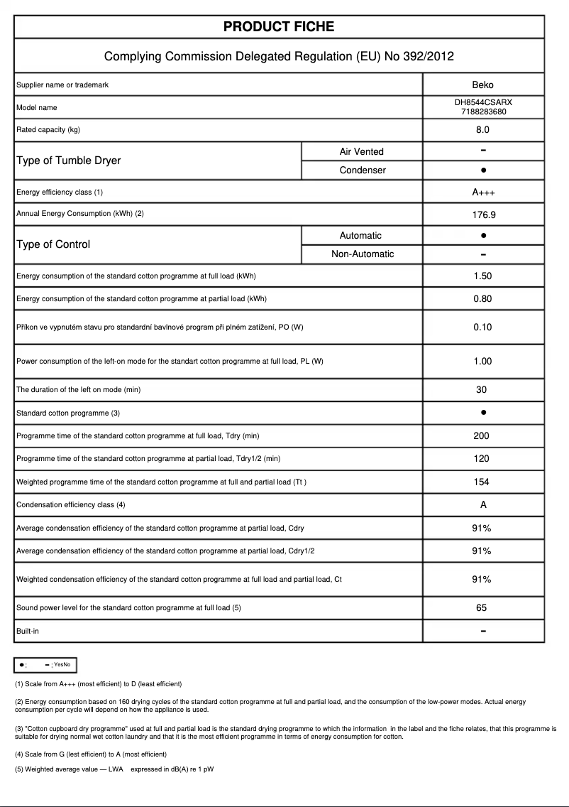Page 1 de la notice Fiche technique Beko DH8544CSARX
