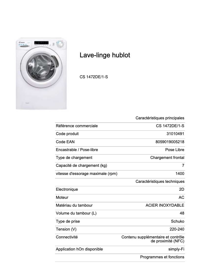Page 1 de la notice Fiche technique Candy CS 1472DE/1-S