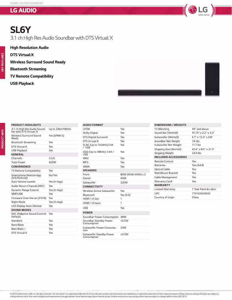 Page 1 de la notice Fiche technique LG SL6Y