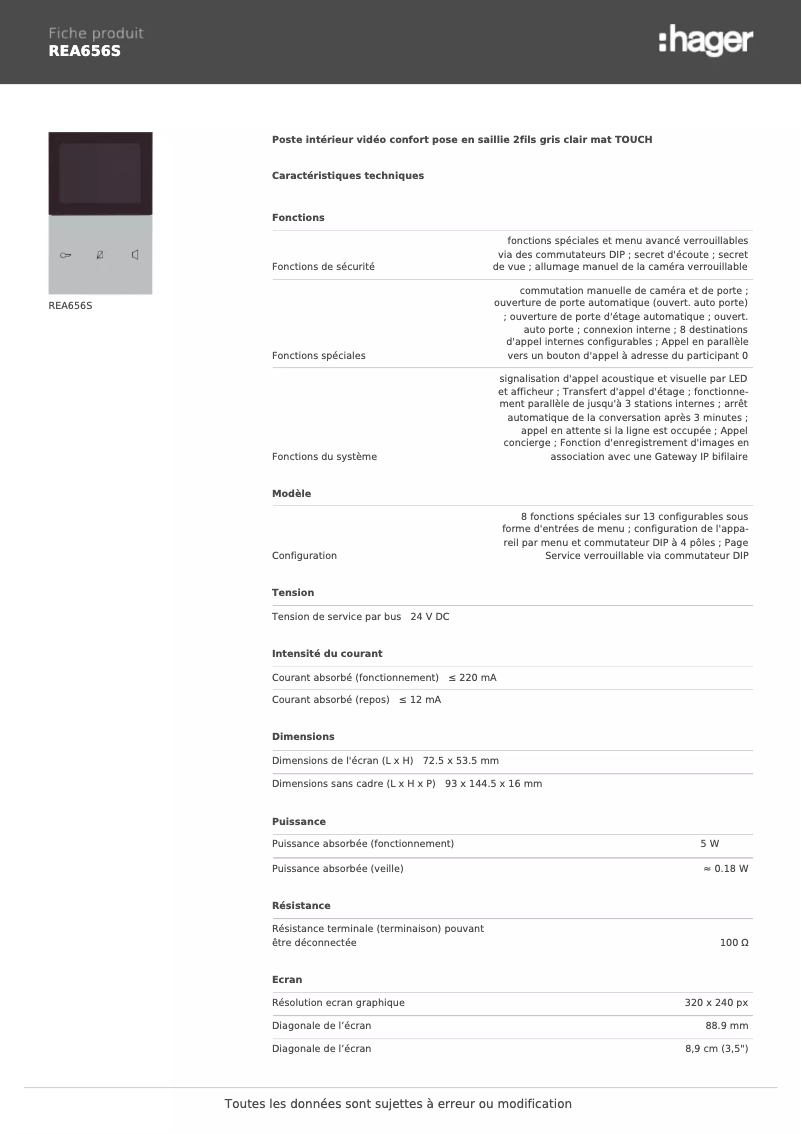 Page 1 de la notice Fiche technique Hager REA656S