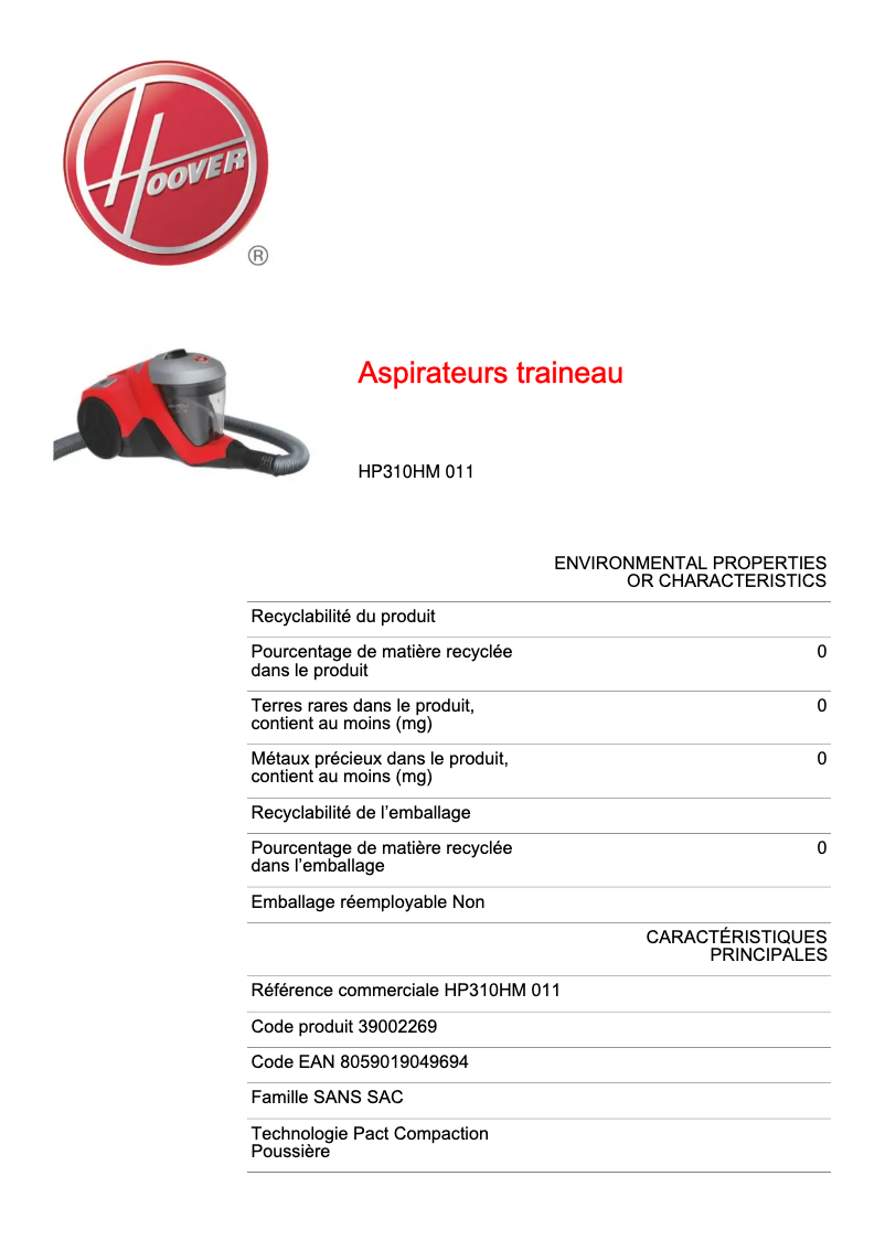 Page n°1 - Fiche technique Hoover H-POWER 300 HP310HM 011