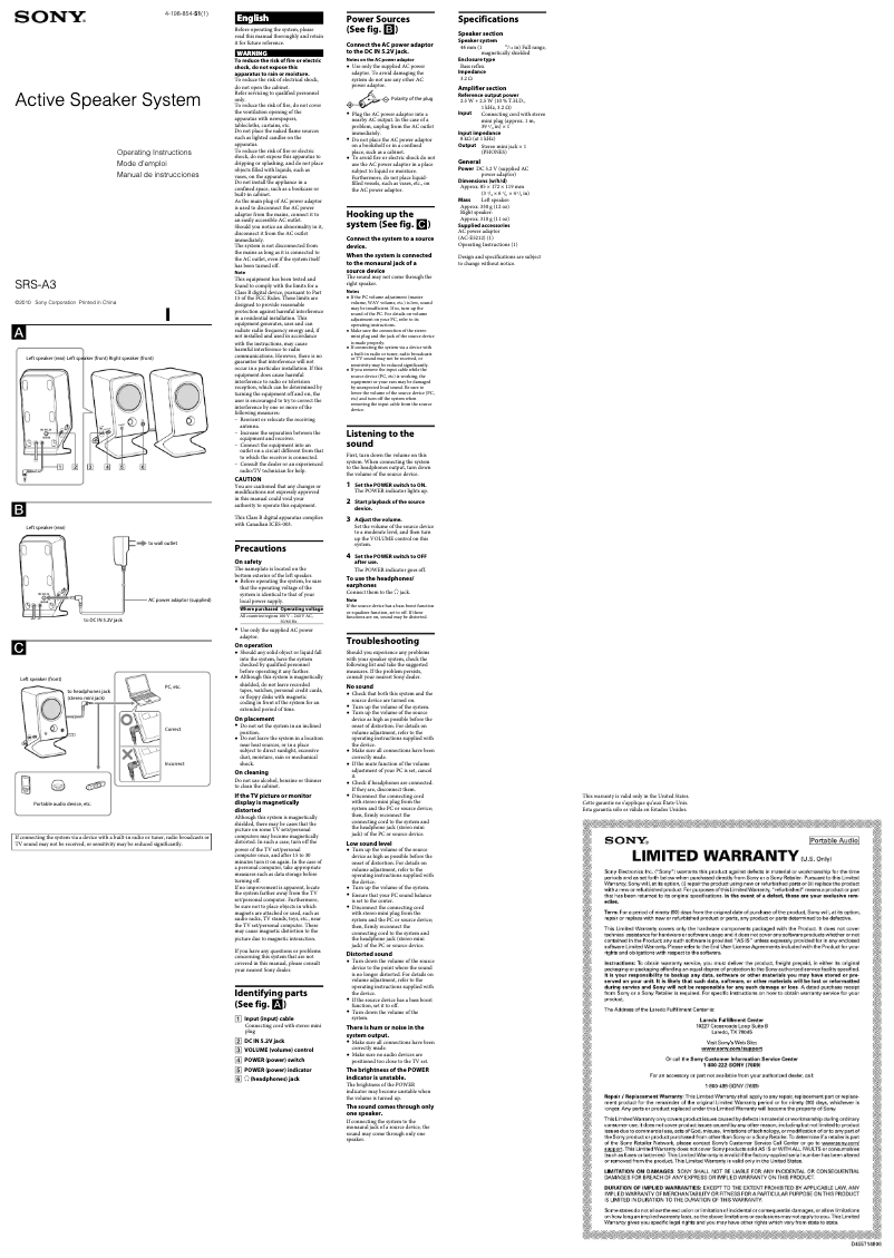 Page 1 de la notice Manuel utilisateur Sony SRS-A3