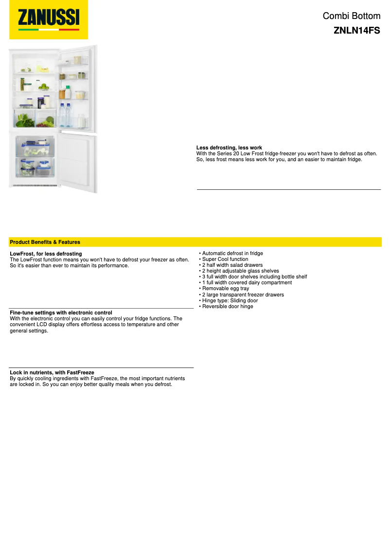 Page 1 de la notice Fiche technique Zanussi ZNLN14FS