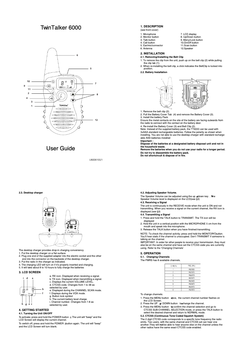 Page n°1 - Manuel utilisateur Topcom Twintalker 6000