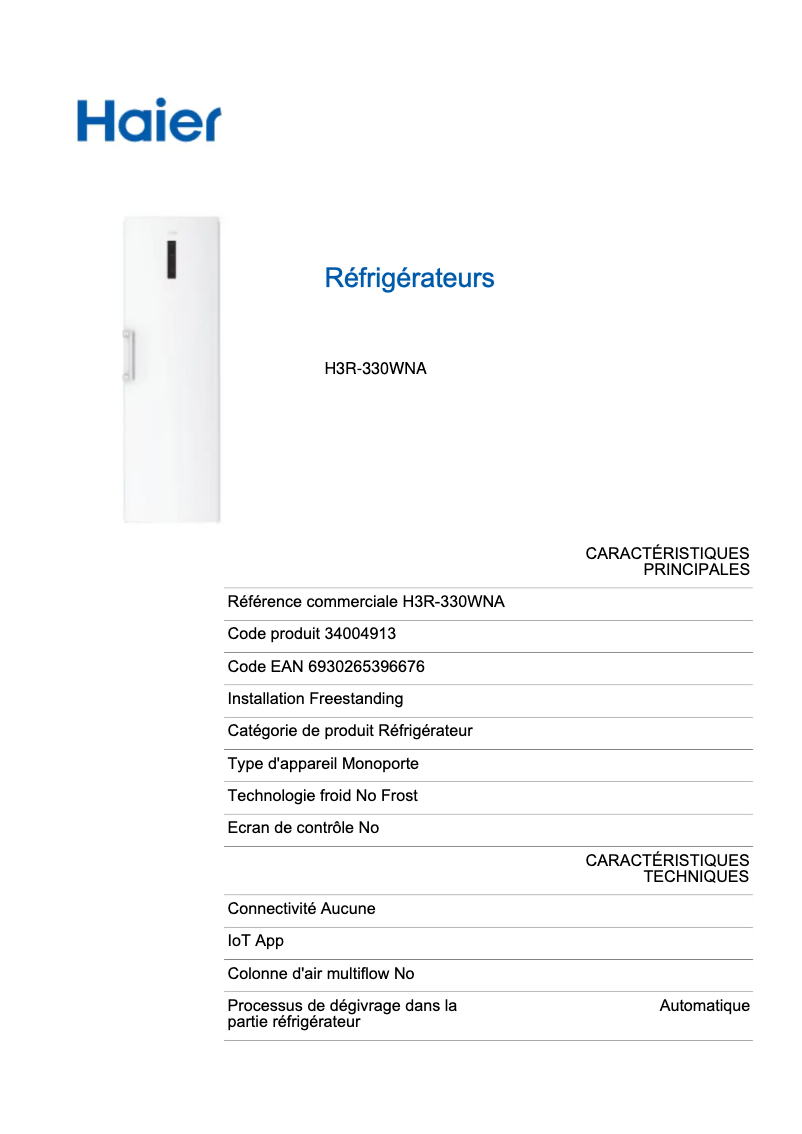 Image de la première page du manuel de l'appareil H3R-330WNA