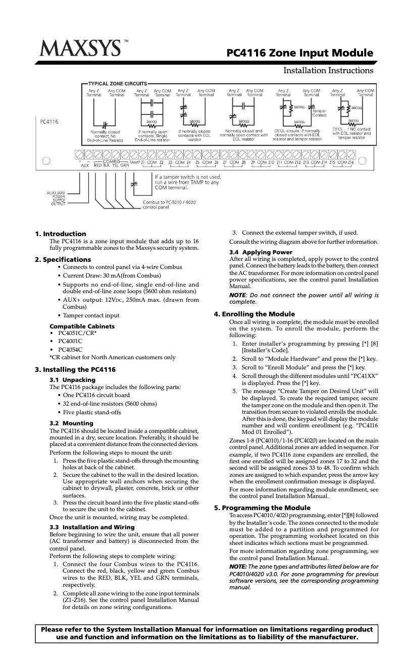 Page 1 de la notice Manuel utilisateur DSC PC4116