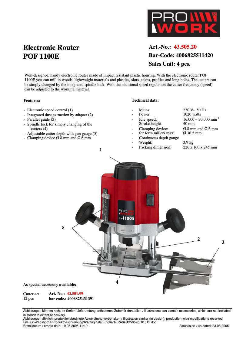 Page n°1 - Manuel utilisateur Prowork POF 1100 E