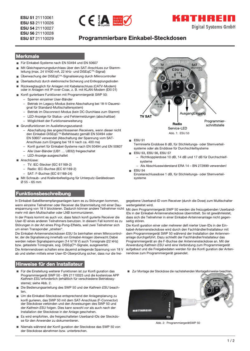 Page 1 de la notice Manuel utilisateur Kathrein ESU 53