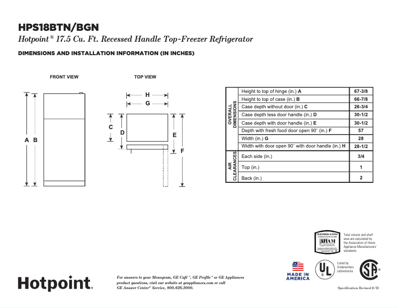 Page n°1 - Fiche technique Hotpoint HPS18BTNRBB